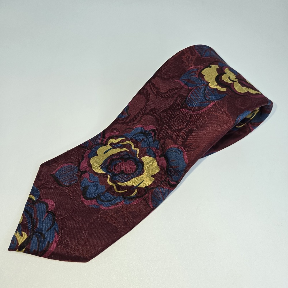 Vintage Lands End Silk Tie Burgundy Blue Gold Floral Art Nouveau 90s 3.5" x 58" - Picture 3 of 6